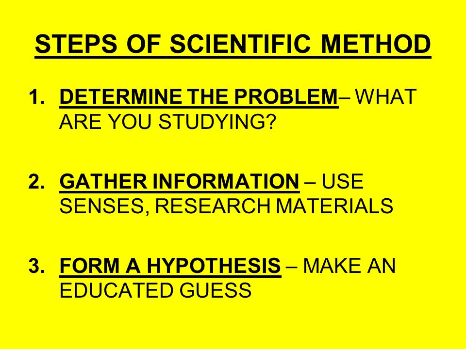 STEPS OF SCIENTIFIC METHOD 1.DETERMINE THE PROBLEM– WHAT ARE YOU STUDYING.