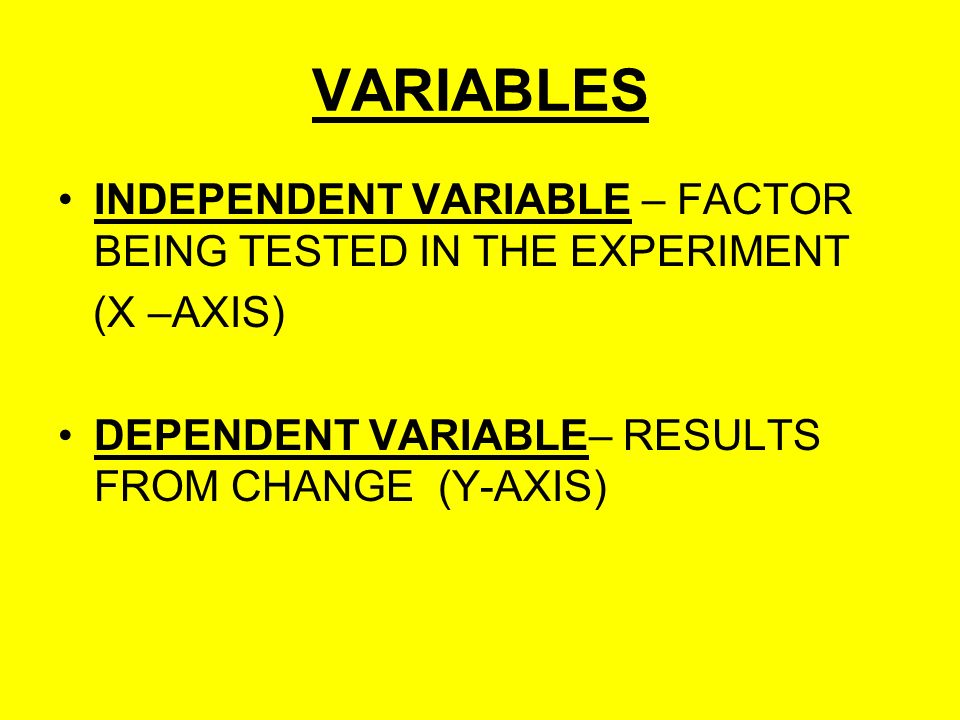 VARIABLES INDEPENDENT VARIABLE – FACTOR BEING TESTED IN THE EXPERIMENT (X –AXIS) DEPENDENT VARIABLE– RESULTS FROM CHANGE (Y-AXIS)