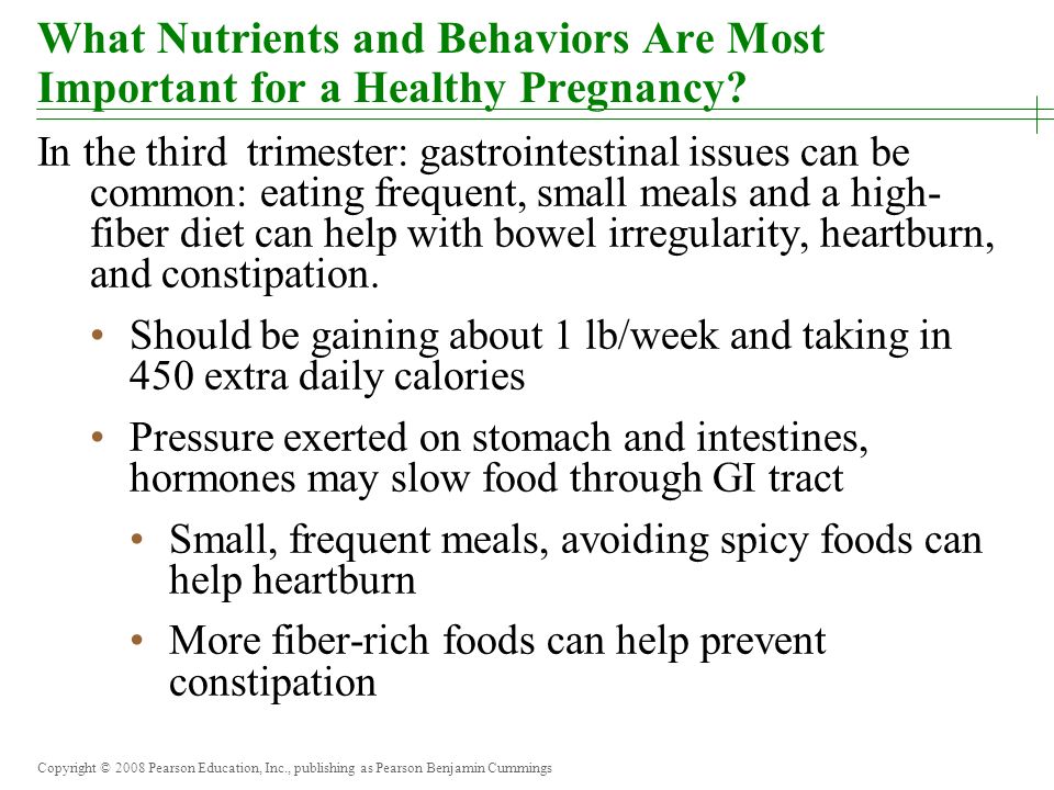 Copyright © 2008 Pearson Education, Inc., publishing as Pearson Benjamin Cummings What Nutrients and Behaviors Are Most Important for a Healthy Pregnancy.