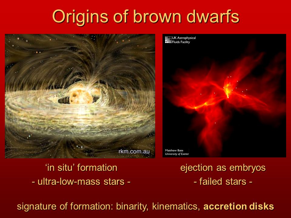 Origins of brown dwarfs ‘in situ’ formation - ultra-low-mass stars - ejection as embryos - failed stars - signature of formation: binarity, kinematics, accretion disks