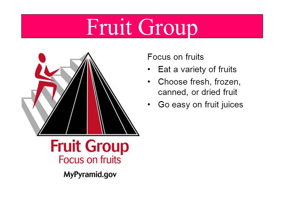 Fruit Group Focus on fruits Eat a variety of fruits Choose fresh, frozen, canned, or dried fruit Go easy on fruit juices