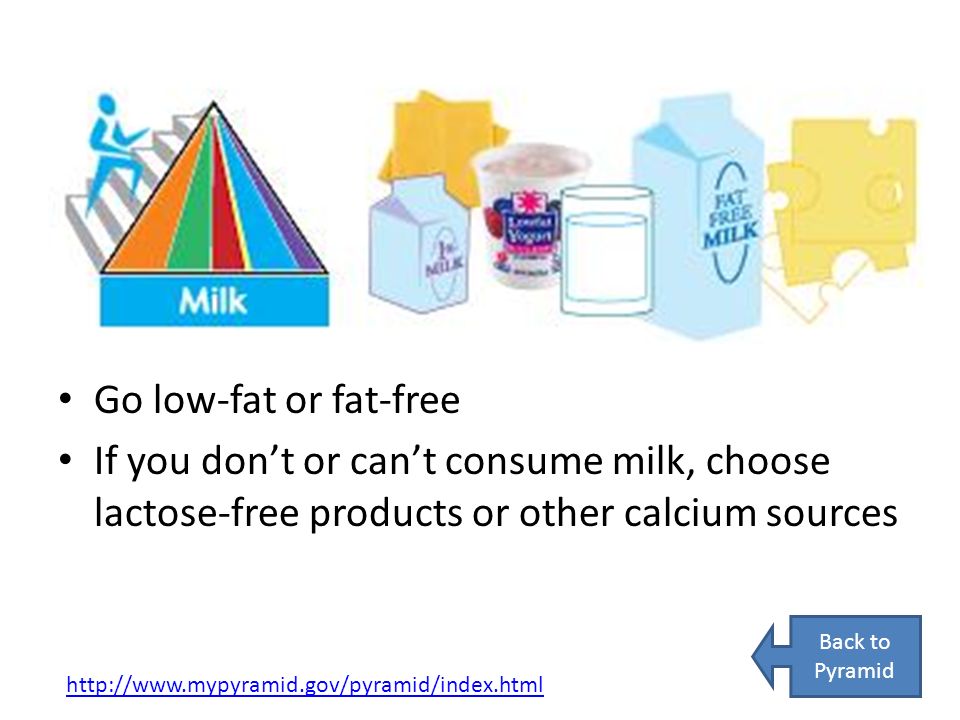 Go low-fat or fat-free If you don’t or can’t consume milk, choose lactose-free products or other calcium sources   Back to Pyramid