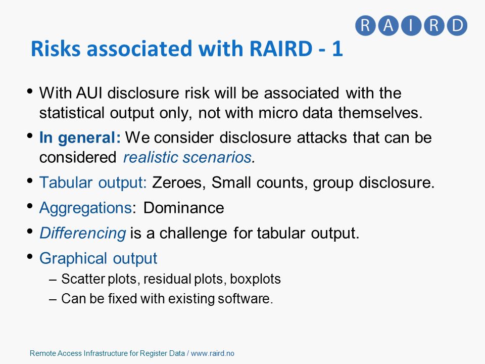 Remote Access Infrastructure for Register Data /   With AUI disclosure risk will be associated with the statistical output only, not with micro data themselves.