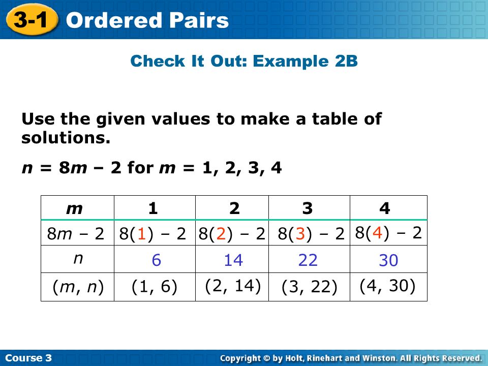 Course Ordered Pairs Use the given values to make a table of solutions.
