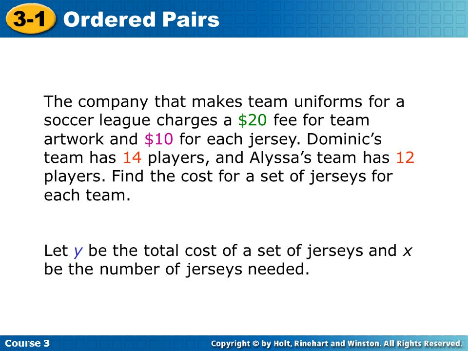Course Ordered Pairs The company that makes team uniforms for a soccer league charges a $20 fee for team artwork and $10 for each jersey.