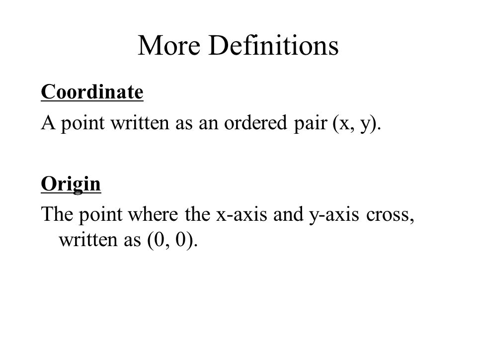 More Definitions Coordinate A point written as an ordered pair (x, y).