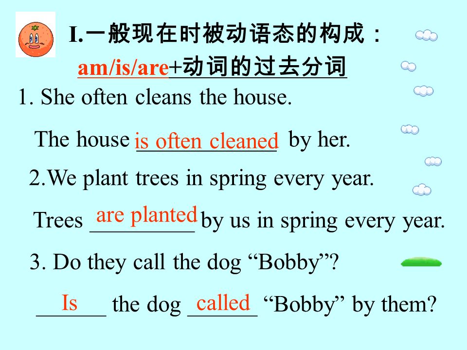 I. 一般现在时被动语态的构成： 1. She often cleans the house. The house ____________ by her.