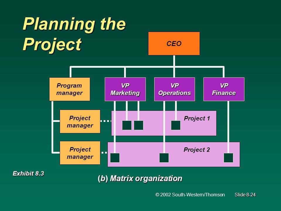 © 2002 South-Western/Thomson Slide 8-24 Planning the Project Exhibit 8.3 Project manager CEO Program manager VP Marketing VP Operations VP Finance Project manager (b) Matrix organization Project 1 Project 2