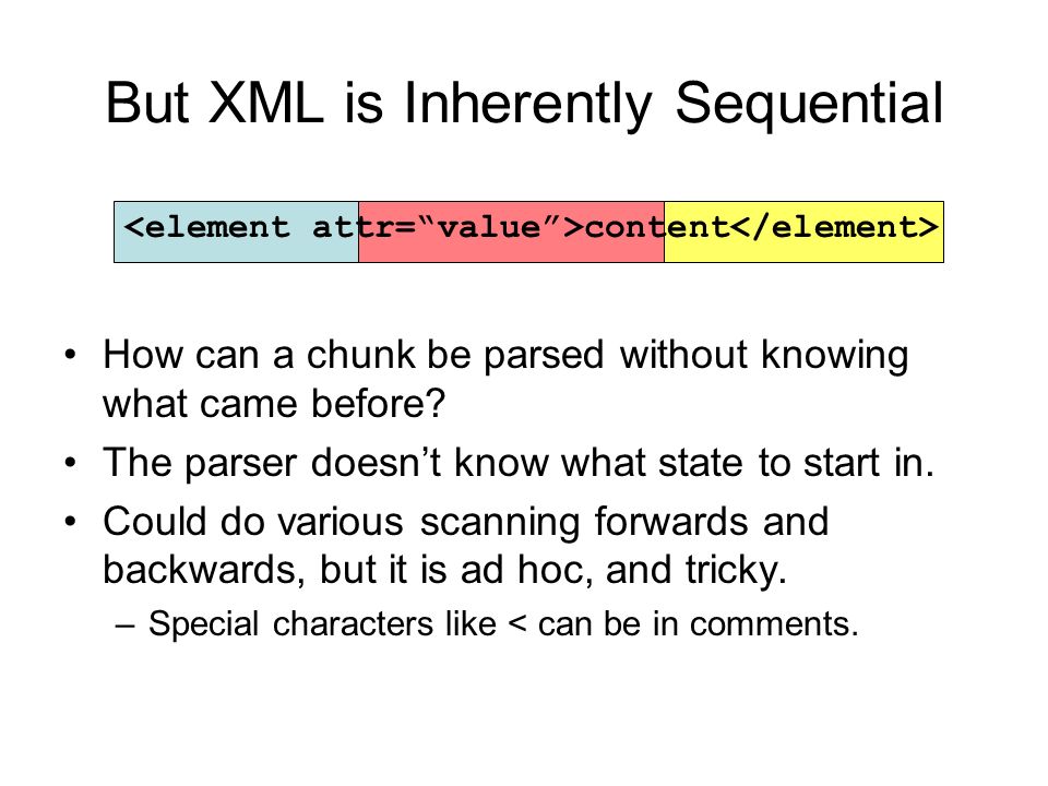 But XML is Inherently Sequential How can a chunk be parsed without knowing what came before.