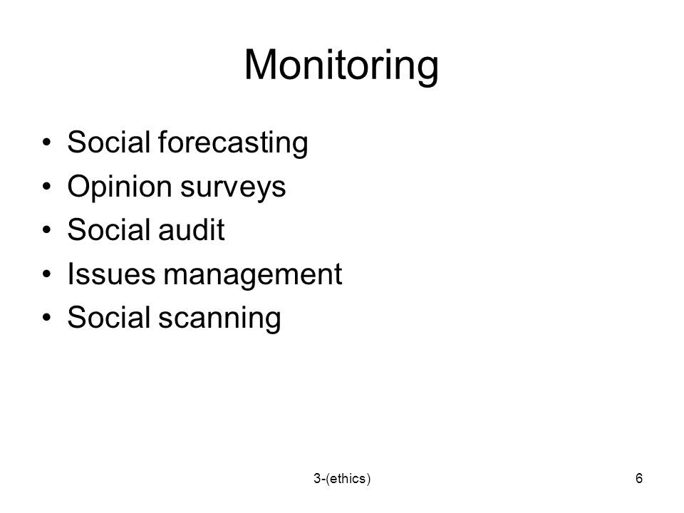 3-(ethics)6 Monitoring Social forecasting Opinion surveys Social audit Issues management Social scanning