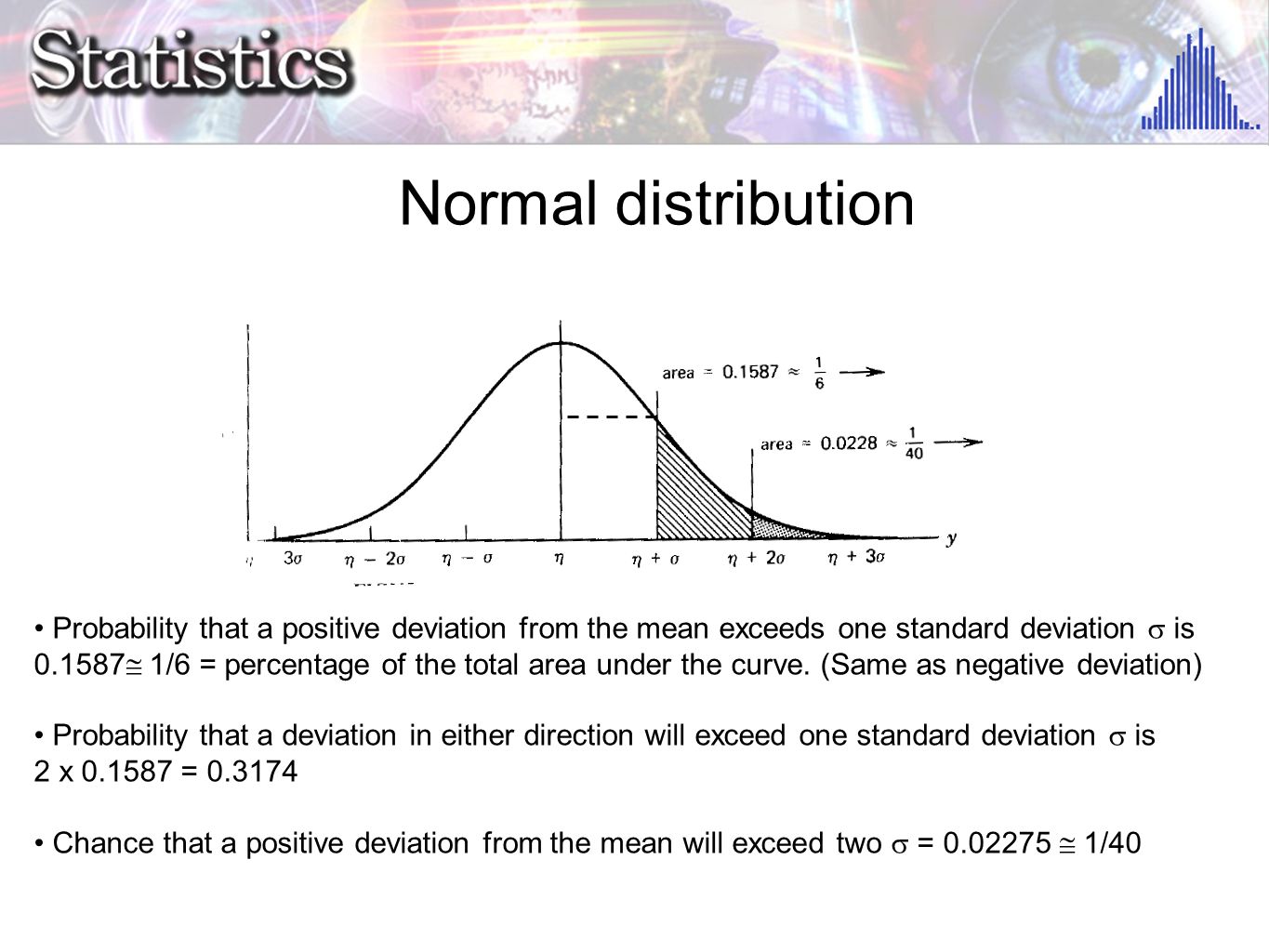 Normal distribution Probability that a positive deviation from the mean exceeds one standard deviation  is  1/6 = percentage of the total area under the curve.