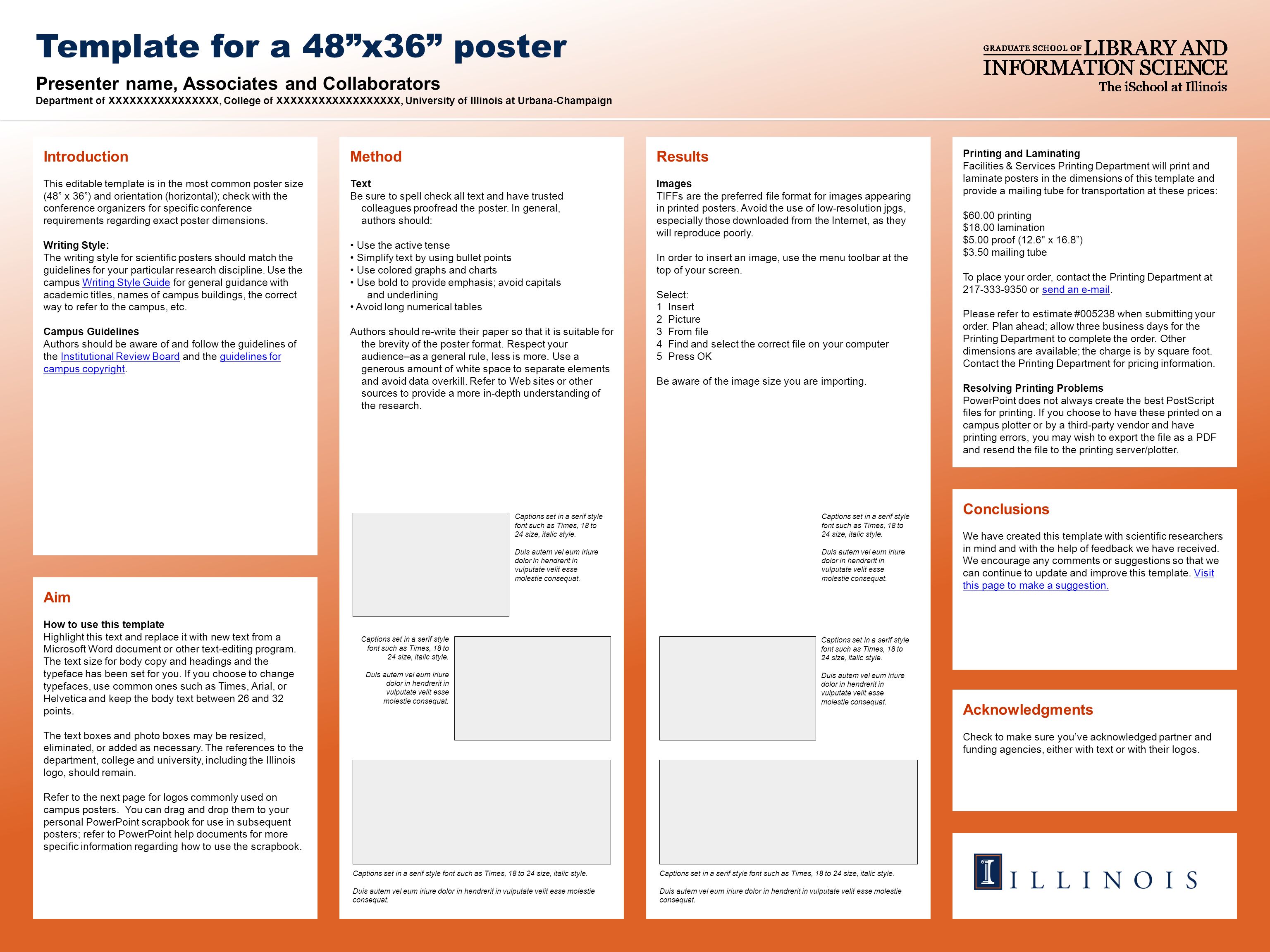 Presenter name, Associates and Collaborators Department of XXXXXXXXXXXXXXXX, College of XXXXXXXXXXXXXXXXXX, University of Illinois at Urbana-Champaign Template for a 48 x36 poster Acknowledgments Check to make sure you’ve acknowledged partner and funding agencies, either with text or with their logos.