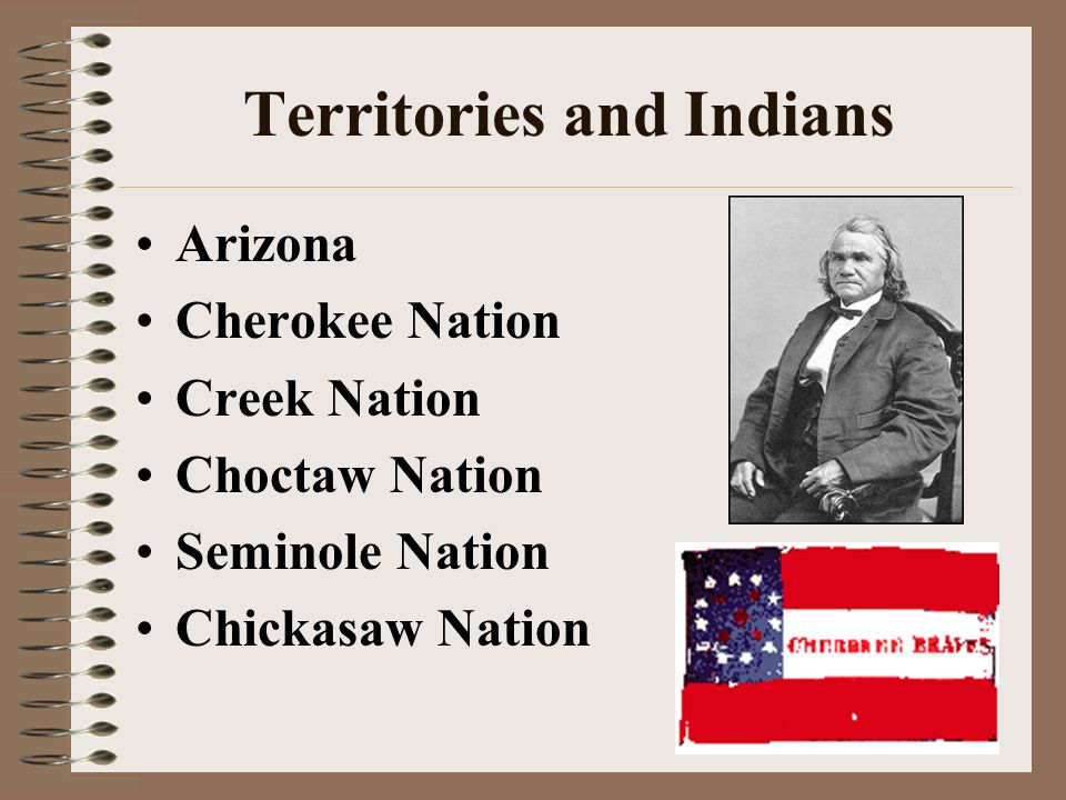 Territories and Indians Arizona Cherokee Nation Creek Nation Choctaw Nation Seminole Nation Chickasaw Nation