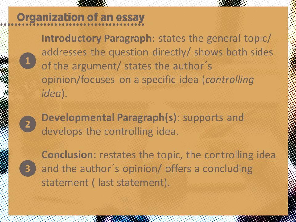 Introductory Paragraph: states the general topic/ addresses the question directly/ shows both sides of the argument/ states the author´s opinion/focuses on a specific idea (controlling idea).