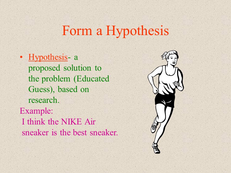 Form a Hypothesis Hypothesis- a proposed solution to the problem (Educated Guess), based on research.