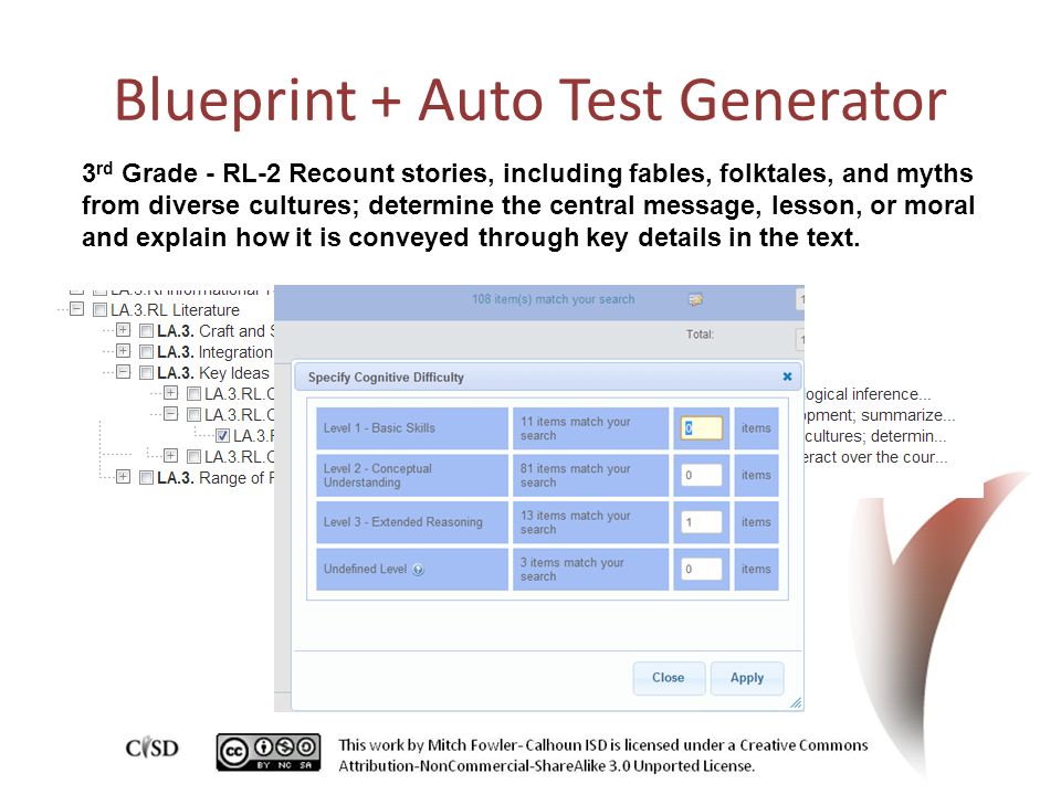 Blueprint + Auto Test Generator 3 rd Grade - RL-2 Recount stories, including fables, folktales, and myths from diverse cultures; determine the central message, lesson, or moral and explain how it is conveyed through key details in the text.