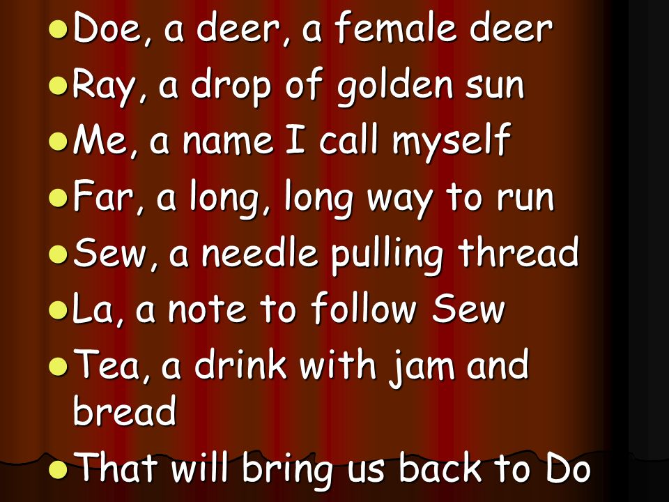 Do Re Mi Julie Andrews. Doe, a deer, a female deer Doe, a deer, a female  deer Ray, a drop of golden sun Ray, a drop of golden sun Me, a name