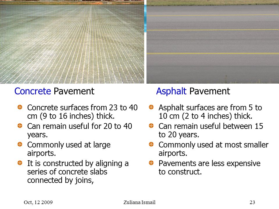 Oct, Zuliana Ismail23 Concrete PavementAsphalt Pavement Concrete surfaces from 23 to 40 cm (9 to 16 inches) thick.