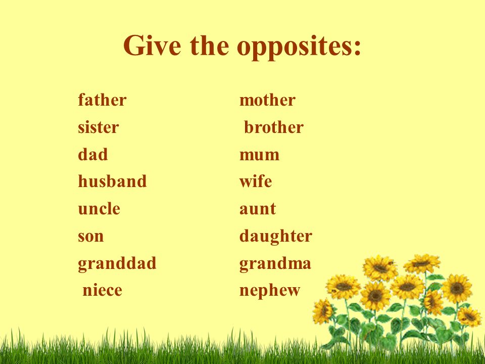 Give the opposites: father sister dad husband uncle son granddad niece mother brother mum wife aunt daughter grandma nephew