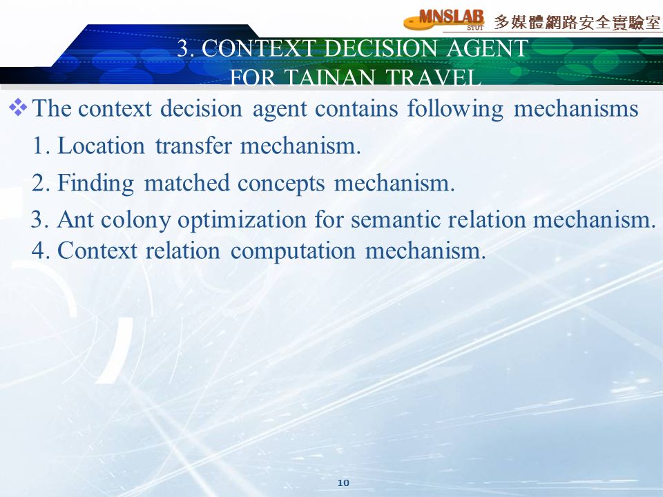 多媒體網路安全實驗室  The context decision agent contains following mechanisms 1.