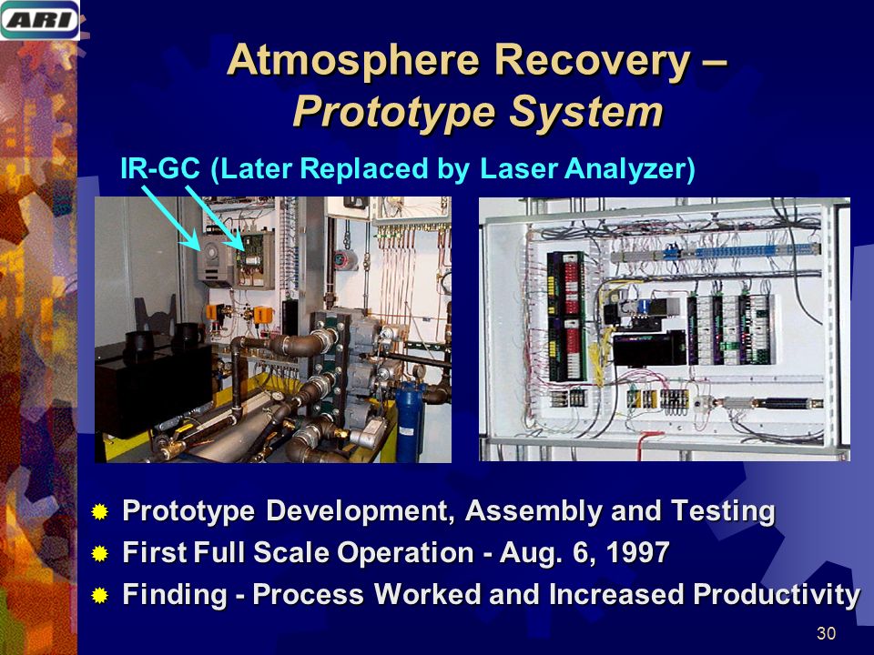 30 Atmosphere Recovery – Prototype System  Prototype Development, Assembly and Testing  First Full Scale Operation - Aug.