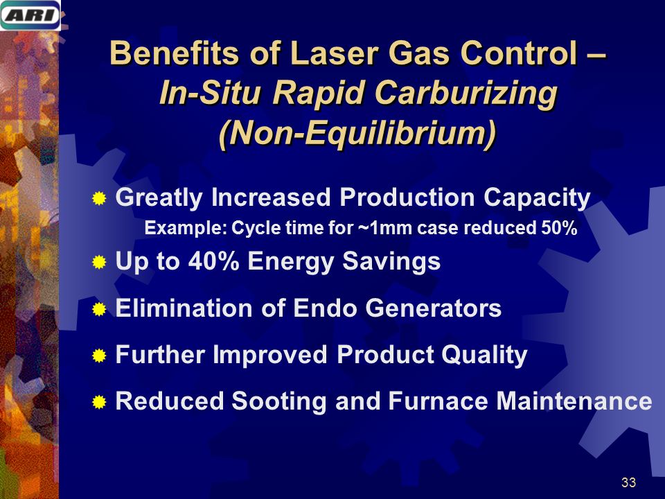 33 Benefits of Laser Gas Control – In-Situ Rapid Carburizing (Non-Equilibrium)  Greatly Increased Production Capacity Example: Cycle time for ~1mm case reduced 50%  Up to 40% Energy Savings  Elimination of Endo Generators  Further Improved Product Quality  Reduced Sooting and Furnace Maintenance