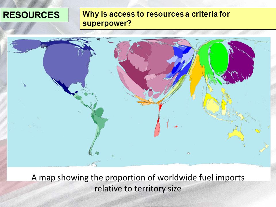 A map showing the proportion of worldwide fuel imports relative to territory size RESOURCES Why is access to resources a criteria for superpower