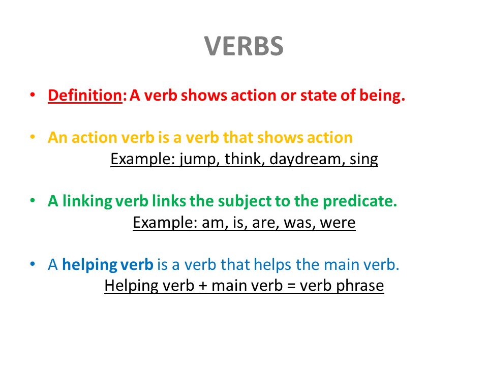 VERBS Definition: A verb shows action or state of being.