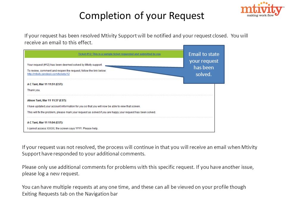 If your request was not resolved, the process will continue in that you will receive an  when Mtivity Support have responded to your additional comments.