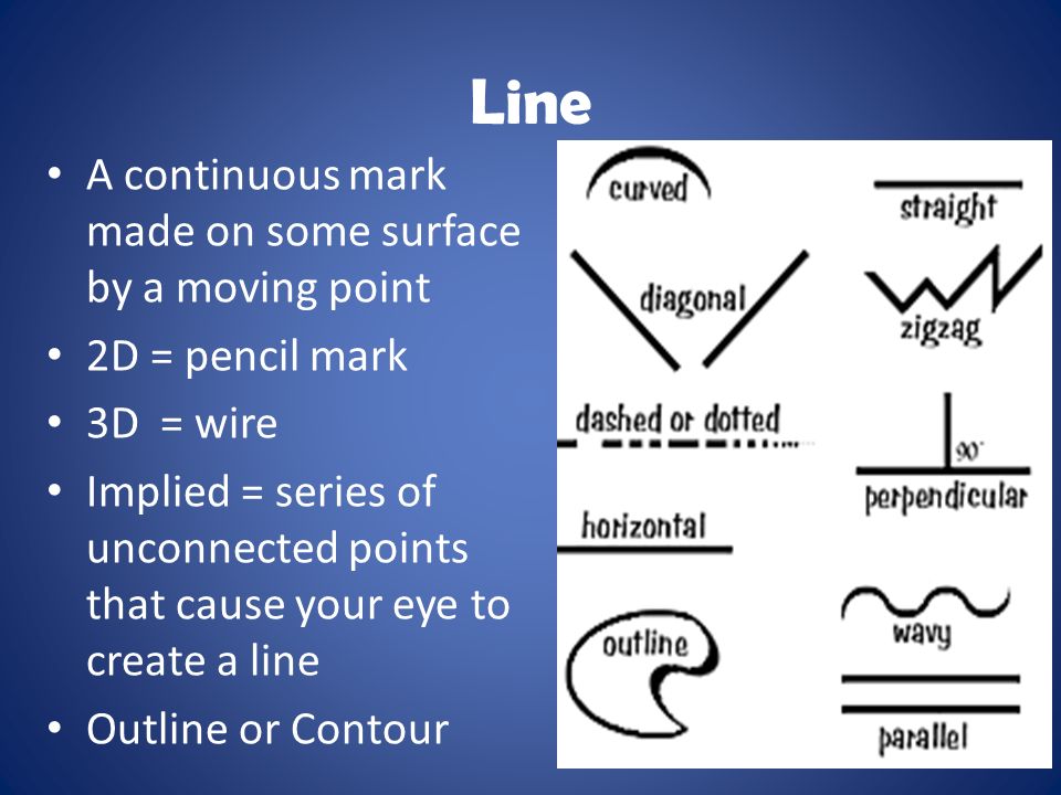 Line A continuous mark made on some surface by a moving point 2D = pencil mark 3D = wire Implied = series of unconnected points that cause your eye to create a line Outline or Contour