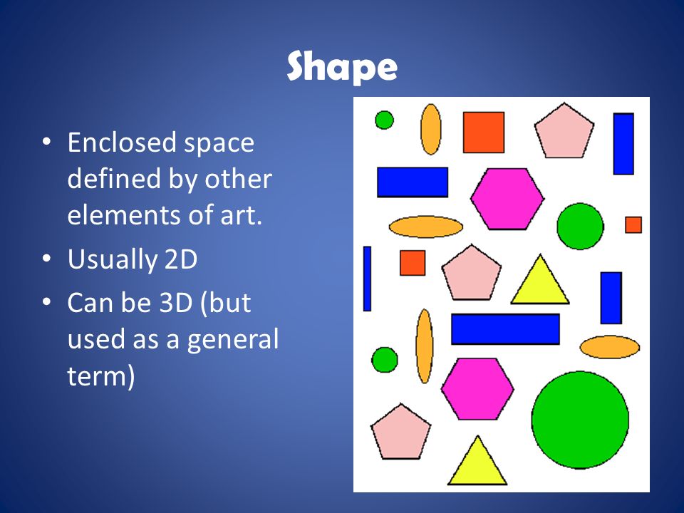 Shape Enclosed space defined by other elements of art.