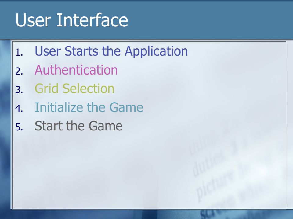 User Interface 1. User Starts the Application 2. Authentication 3.