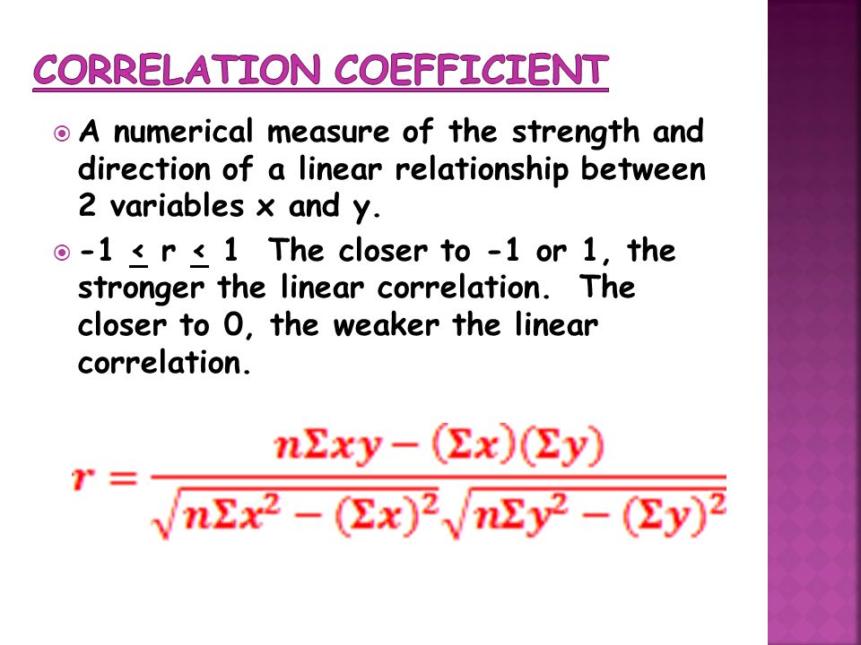 A numerical measure of the strength and direction of a linear relationship between 2 variables x and y.