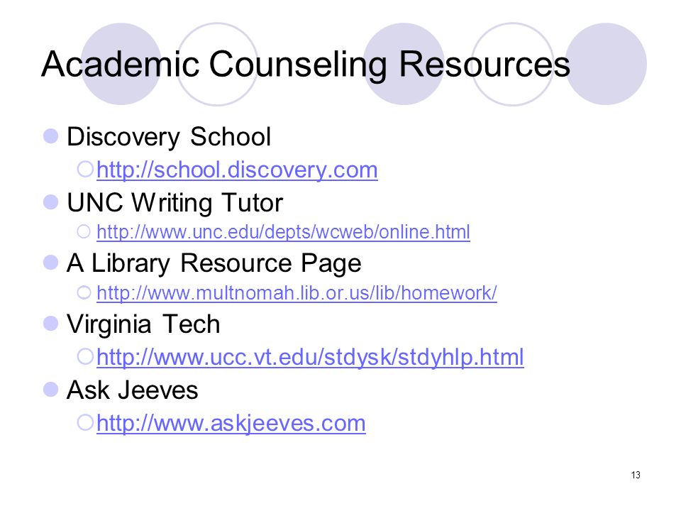 13 Academic Counseling Resources Discovery School      UNC Writing Tutor      A Library Resource Page      Virginia Tech      Ask Jeeves 