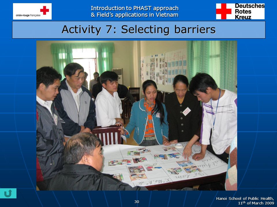 Introduction to PHAST approach & Field’s applications in Vietnam Hanoi School of Public Health, 11 th of March Activity 7: Selecting barriers