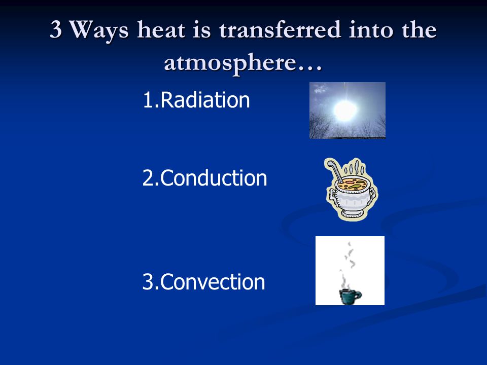 3 Ways heat is transferred into the atmosphere… 1.Radiation 2.Conduction 3.Convection