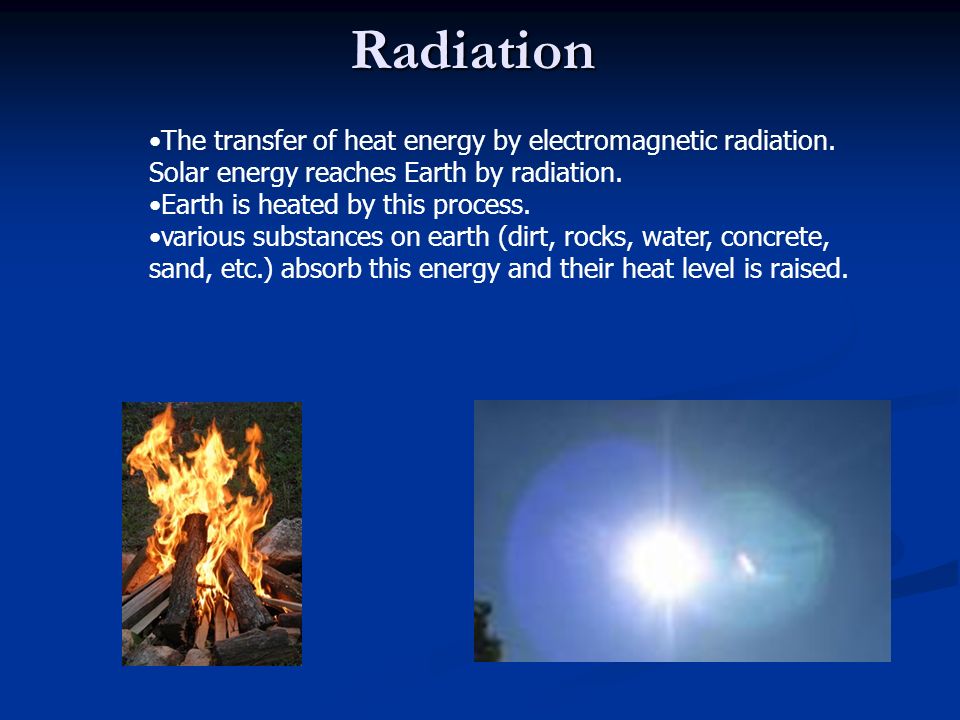 Radiation The transfer of heat energy by electromagnetic radiation.