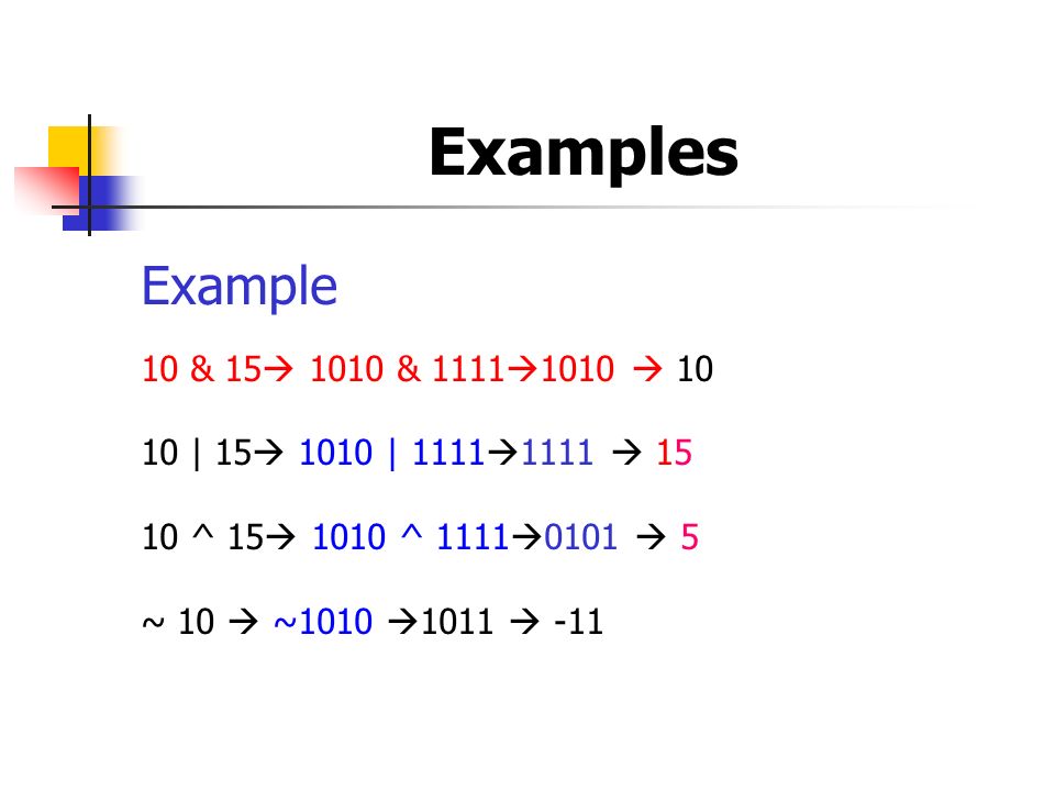 Examples Example 10 & 15  1010 & 1111  1010  | 15  1010 | 1111  1111  ^ 15  1010 ^ 1111  0101  5 ~ 10  ~1010  1011  -11