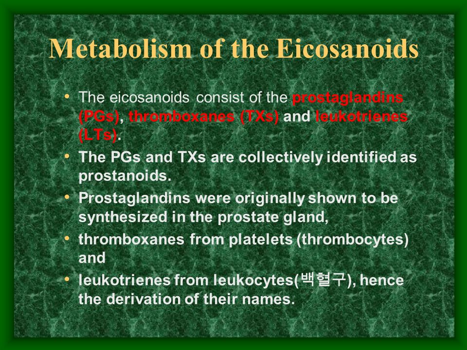 Metabolism of the Eicosanoids The eicosanoids consist of the prostaglandins (PGs), thromboxanes (TXs) and leukotrienes (LTs).