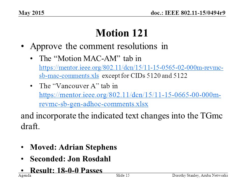 doc.: IEEE /0494r9 Agenda May 2015 Dorothy Stanley, Aruba NetworksSlide 15 Motion 121 Approve the comment resolutions in The Motion MAC-AM tab in   sb-mac-comments.xls except for CIDs 5120 and sb-mac-comments.xls The Vancouver A tab in   revmc-sb-gen-adhoc-comments.xlsx   revmc-sb-gen-adhoc-comments.xlsx and incorporate the indicated text changes into the TGmc draft.