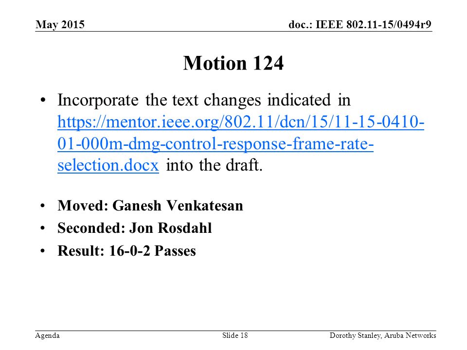 doc.: IEEE /0494r9 Agenda May 2015 Dorothy Stanley, Aruba NetworksSlide 18 Motion 124 Incorporate the text changes indicated in m-dmg-control-response-frame-rate- selection.docx into the draft.