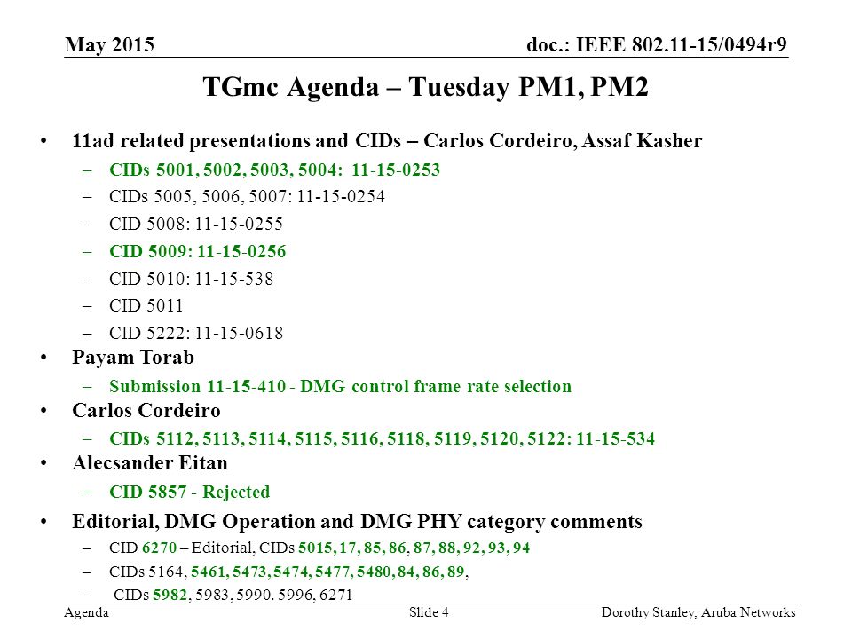 doc.: IEEE /0494r9 Agenda May 2015 Dorothy Stanley, Aruba NetworksSlide 4 TGmc Agenda – Tuesday PM1, PM2 11ad related presentations and CIDs – Carlos Cordeiro, Assaf Kasher –CIDs 5001, 5002, 5003, 5004: –CIDs 5005, 5006, 5007: –CID 5008: –CID 5009: –CID 5010: –CID 5011 –CID 5222: Payam Torab –Submission DMG control frame rate selection Carlos Cordeiro –CIDs 5112, 5113, 5114, 5115, 5116, 5118, 5119, 5120, 5122: Alecsander Eitan –CID Rejected Editorial, DMG Operation and DMG PHY category comments –CID 6270 – Editorial, CIDs 5015, 17, 85, 86, 87, 88, 92, 93, 94 –CIDs 5164, 5461, 5473, 5474, 5477, 5480, 84, 86, 89, – CIDs 5982, 5983, 5990.