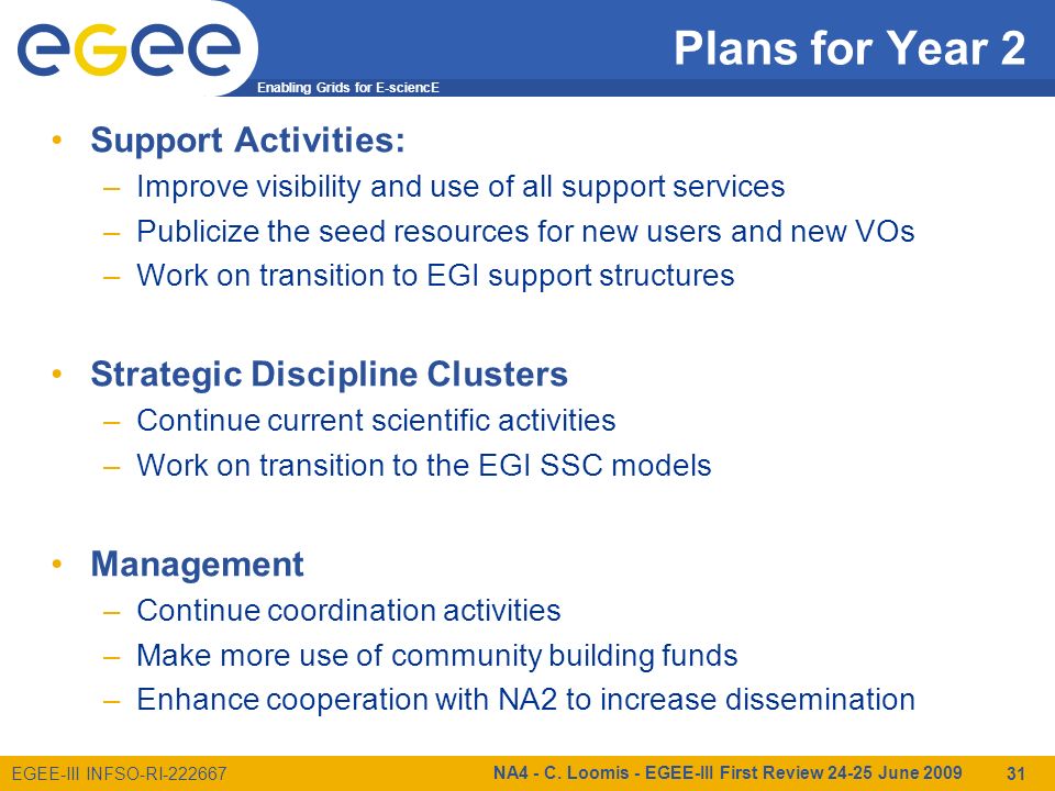 Enabling Grids for E-sciencE EGEE-III INFSO-RI Plans for Year 2 Support Activities: –Improve visibility and use of all support services –Publicize the seed resources for new users and new VOs –Work on transition to EGI support structures Strategic Discipline Clusters –Continue current scientific activities –Work on transition to the EGI SSC models Management –Continue coordination activities –Make more use of community building funds –Enhance cooperation with NA2 to increase dissemination NA4 - C.