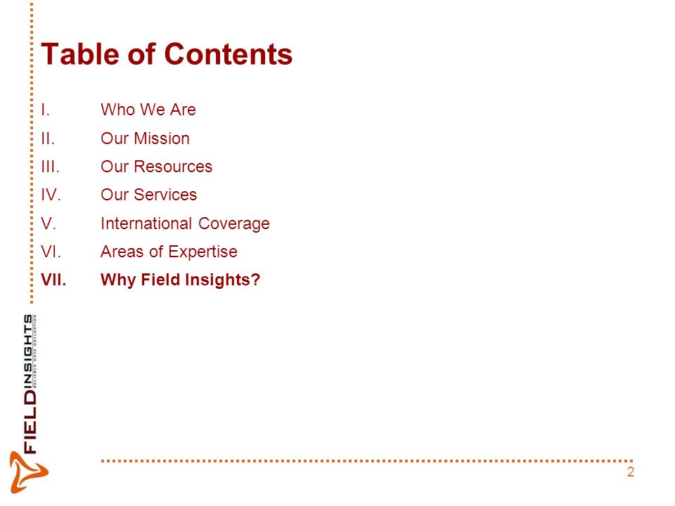 2 Table of Contents I.Who We Are II.Our Mission III.Our Resources IV.Our Services V.International Coverage VI.Areas of Expertise VII.Why Field Insights