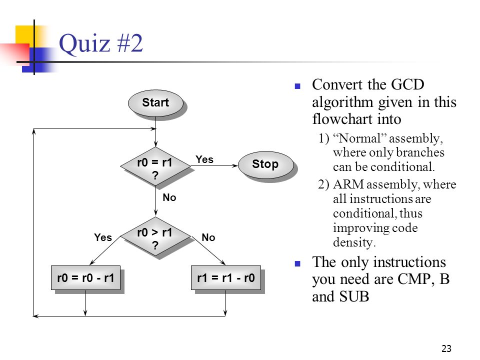 23 Quiz #2 Convert the GCD algorithm given in this flowchart into 1) Normal assembly, where only branches can be conditional.