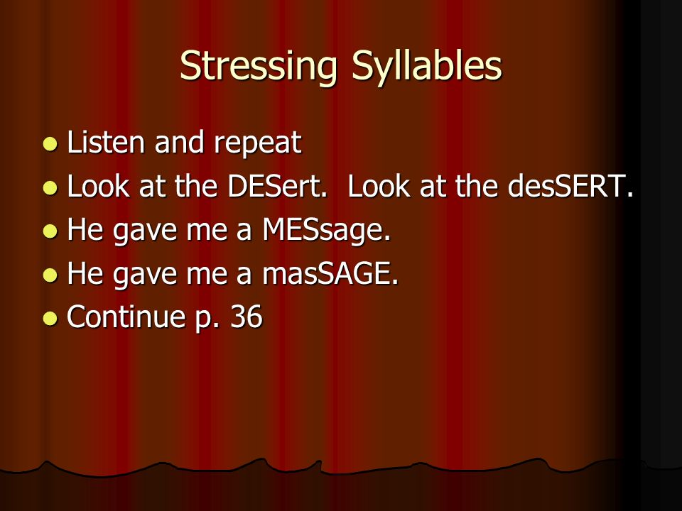 Stressing Syllables Listen and repeat Listen and repeat Look at the DESert.