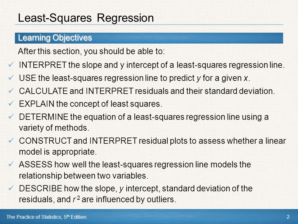 Learning Objectives After this section, you should be able to: The Practice of Statistics, 5 th Edition2 INTERPRET the slope and y intercept of a least-squares regression line.
