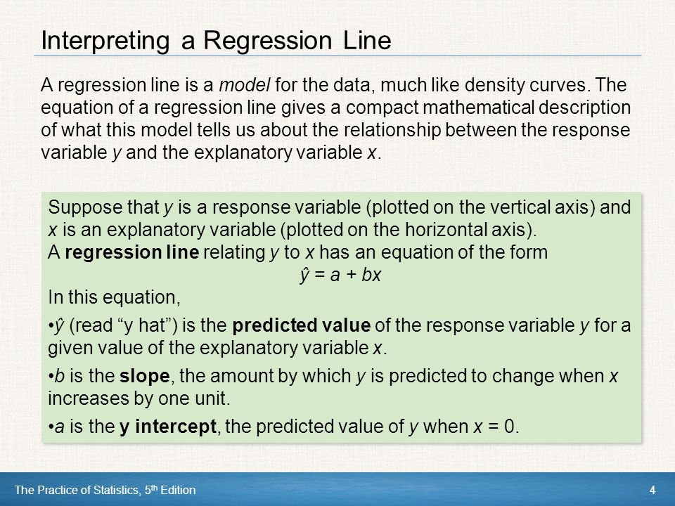 The Practice of Statistics, 5 th Edition4 Interpreting a Regression Line A regression line is a model for the data, much like density curves.