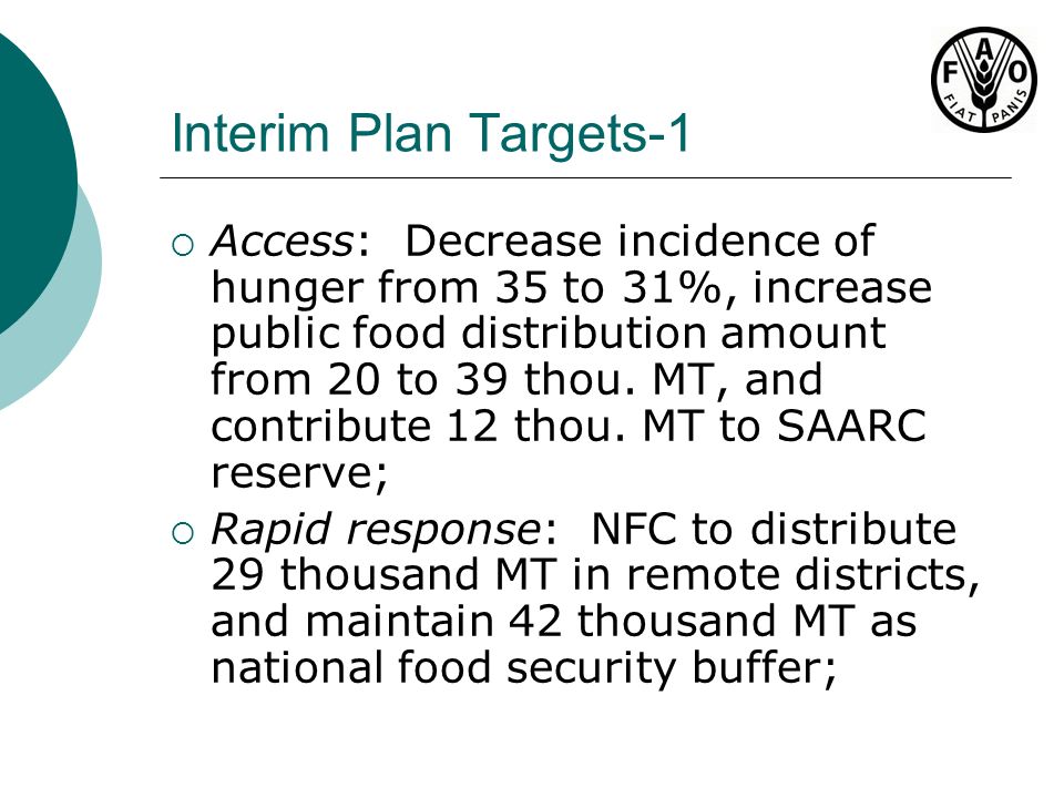 Interim Plan Targets-1  Access: Decrease incidence of hunger from 35 to 31%, increase public food distribution amount from 20 to 39 thou.