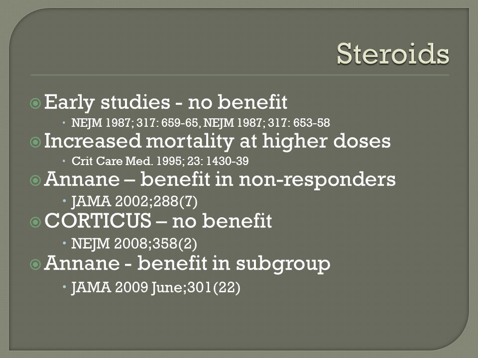  Early studies - no benefit  NEJM 1987; 317: , NEJM 1987; 317:  Increased mortality at higher doses  Crit Care Med.